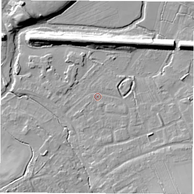 Shaded relief map of the ground around CV83HL, computed from Environment Agency LiDAR. The ground here sits at about 71 m above sea level and falls 13 m across the surrounding 800 m. Surface water reaching this point runs off ground lying to the south-south-east, 2.9 m higher.