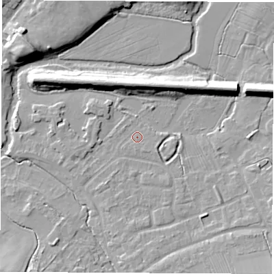Shaded relief map of the ground around CV83HN, computed from Environment Agency LiDAR. The ground here sits at about 71 m above sea level and falls 11 m across the surrounding 800 m. Surface water reaching this point runs off ground lying to the south, 3.0 m higher.