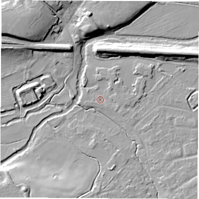 Shaded relief map of the ground around CV83HP, computed from Environment Agency LiDAR. The ground here sits at about 71 m above sea level and falls 15 m across the surrounding 800 m. Surface water reaching this point runs off ground lying to the north-east, 1.8 m higher.