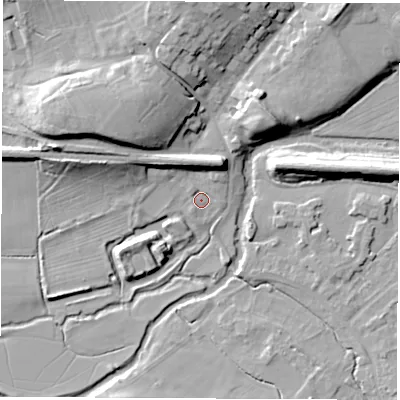 Shaded relief map of the ground around CV83HQ, computed from Environment Agency LiDAR. The ground here sits at about 71 m above sea level and falls 16 m across the surrounding 800 m. Surface water reaching this point runs off ground lying to the north-north-east, 6.8 m higher.
