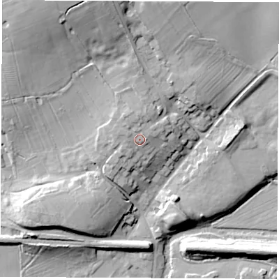 Shaded relief map of the ground around CV83HW, computed from Environment Agency LiDAR. The ground here sits at about 82 m above sea level and falls 26 m across the surrounding 800 m. Surface water reaching this point runs off ground lying to the north, 2.8 m higher.