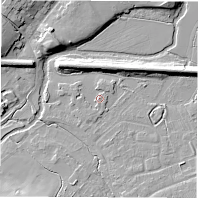 Shaded relief map of the ground around CV83LJ, computed from Environment Agency LiDAR. The ground here sits at about 72 m above sea level and falls 14 m across the surrounding 800 m. Surface water reaching this point runs off ground lying to the north-north-west, 1.3 m higher.