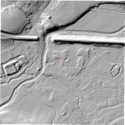 Shaded relief map of the ground around CV83LN, computed from Environment Agency LiDAR. The ground here sits at about 72 m above sea level and falls 15 m across the surrounding 800 m. Surface water reaching this point runs off ground lying to the north, 1.5 m higher.