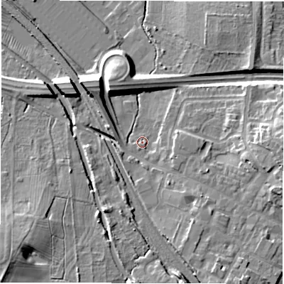 Shaded relief map of the ground around CV91BA, computed from Environment Agency LiDAR. The ground here sits at about 83 m above sea level and falls 24 m across the surrounding 800 m. Surface water reaching this point runs off ground lying to the south-east, 1.2 m higher.