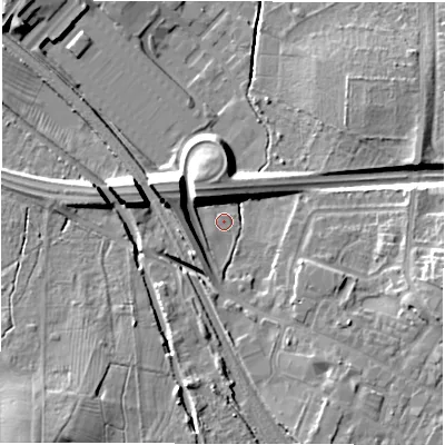 Shaded relief map of the ground around CV91BJ, computed from Environment Agency LiDAR. The ground here sits at about 83 m above sea level and falls 22 m across the surrounding 800 m. Surface water reaching this point runs off ground lying to the west-north-west, 8.7 m higher.