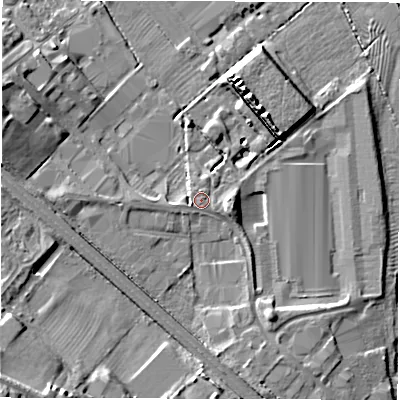 Shaded relief map of the ground around CV91JJ, computed from Environment Agency LiDAR. The ground here sits at about 73 m above sea level and falls 19 m across the surrounding 800 m. Surface water reaching this point runs off ground lying to the west-south-west, 1.1 m higher.