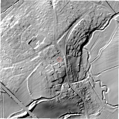 Shaded relief map of the ground around CV91NH, computed from Environment Agency LiDAR. The ground here sits at about 82 m above sea level and falls 21 m across the surrounding 800 m. Surface water reaching this point runs off ground lying to the south-south-west, 9.6 m higher.