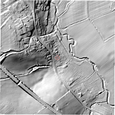 Shaded relief map of the ground around CV91NN, computed from Environment Agency LiDAR. The ground here sits at about 74 m above sea level and falls 21 m across the surrounding 800 m. Surface water reaching this point runs off ground lying to the north-west, 4.2 m higher.