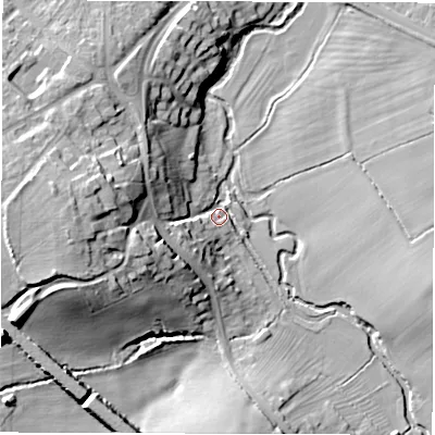 Shaded relief map of the ground around CV91NP, computed from Environment Agency LiDAR. The ground here sits at about 72 m above sea level and falls 21 m across the surrounding 800 m. Surface water reaching this point runs off ground lying to the west-south-west, 20.1 m higher.