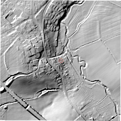 Shaded relief map of the ground around CV91NR, computed from Environment Agency LiDAR. The ground here sits at about 74 m above sea level and falls 21 m across the surrounding 800 m. Surface water reaching this point runs off ground lying to the west-south-west, 12.6 m higher.