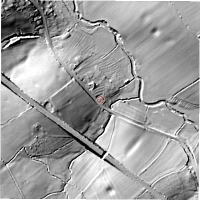 Shaded relief map of the ground around CV91RF, computed from Environment Agency LiDAR. The ground here sits at about 75 m above sea level and falls 17 m across the surrounding 800 m. Surface water reaching this point runs off ground lying to the west, 11.0 m higher.