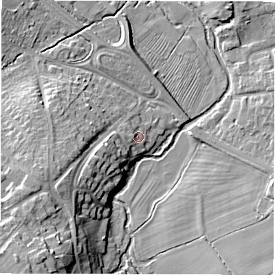 Shaded relief map of the ground around CV91RS, computed from Environment Agency LiDAR. The ground here sits at about 73 m above sea level and falls 21 m across the surrounding 800 m. Surface water reaching this point runs off ground lying to the west-south-west, 6.2 m higher.
