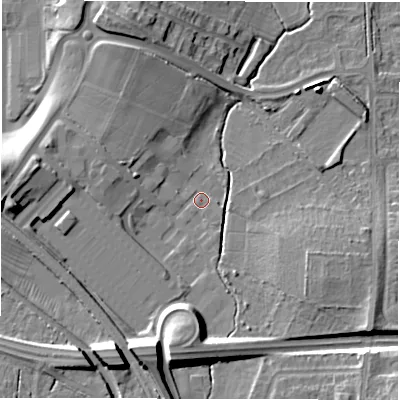 Shaded relief map of the ground around CV92GA, computed from Environment Agency LiDAR. The ground here sits at about 78 m above sea level and falls 19 m across the surrounding 800 m. Surface water reaching this point runs off ground lying to the south-south-west, 13.1 m higher.