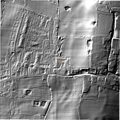 Shaded relief map of the ground around CV92GB, computed from Environment Agency LiDAR. The ground here sits at about 105 m above sea level and falls 37 m across the surrounding 800 m. Surface water reaching this point runs off ground lying to the east-north-east, 17.5 m higher.