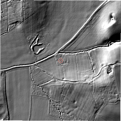 Shaded relief map of the ground around CV92JJ, computed from Environment Agency LiDAR. The ground here sits at about 68 m above sea level and falls 13 m across the surrounding 800 m. Surface water reaching this point runs off ground lying to the south-south-east, 4.6 m higher.