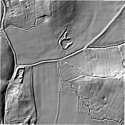 Shaded relief map of the ground around CV92JL, computed from Environment Agency LiDAR. The ground here sits at about 67 m above sea level and falls 12 m across the surrounding 800 m. Surface water reaching this point runs off ground lying to the east-south-east, 9.4 m higher.
