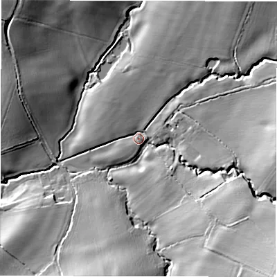 Shaded relief map of the ground around CV92JP, computed from Environment Agency LiDAR. The ground here sits at about 88 m above sea level and falls 24 m across the surrounding 800 m. Surface water reaching this point runs off ground lying to the north-east, 12.0 m higher.
