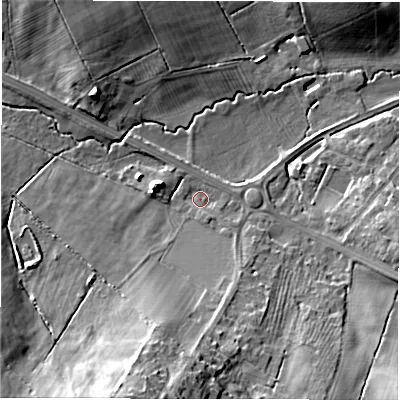Shaded relief map of the ground around CV92PU, computed from Environment Agency LiDAR. The ground here sits at about 76 m above sea level and falls 31 m across the surrounding 800 m. Surface water reaching this point runs off ground lying to the south-south-west, 22.5 m higher.