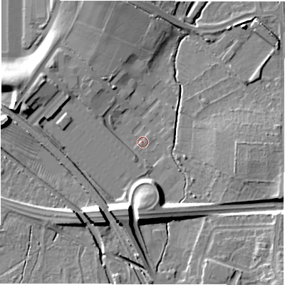 Shaded relief map of the ground around CV92QX, computed from Environment Agency LiDAR. The ground here sits at about 79 m above sea level and falls 18 m across the surrounding 800 m. Surface water reaching this point runs off ground lying to the west-north-west, 8.1 m higher.