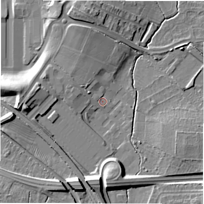 Shaded relief map of the ground around CV92QZ, computed from Environment Agency LiDAR. The ground here sits at about 79 m above sea level and falls 19 m across the surrounding 800 m. Surface water reaching this point runs off ground lying to the west-north-west, 3.4 m higher.