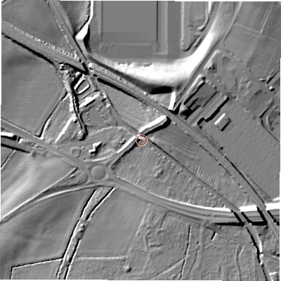 Shaded relief map of the ground around CV92SL, computed from Environment Agency LiDAR. The ground here sits at about 82 m above sea level and falls 16 m across the surrounding 800 m. Surface water reaching this point runs off ground lying to the east-south-east, 10.9 m higher.