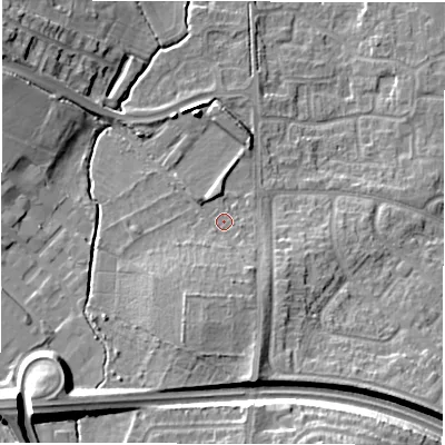 Shaded relief map of the ground around CV93AB, computed from Environment Agency LiDAR. The ground here sits at about 76 m above sea level and falls 20 m across the surrounding 800 m. Surface water reaching this point runs off ground lying to the south, 6.3 m higher.