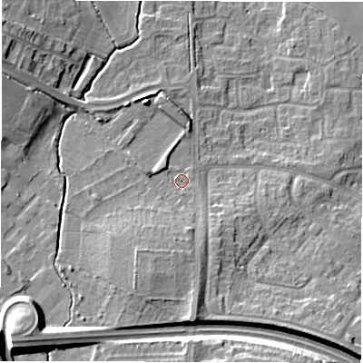 Shaded relief map of the ground around CV93AD, computed from Environment Agency LiDAR. The ground here sits at about 76 m above sea level and falls 20 m across the surrounding 800 m. Surface water reaching this point runs off ground lying to the south-south-west, 7.2 m higher.