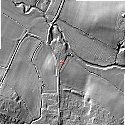 Shaded relief map of the ground around CV93AH, computed from Environment Agency LiDAR. The ground here sits at about 69 m above sea level and falls 15 m across the surrounding 800 m. Surface water reaching this point runs off ground lying to the south-south-west, 3.6 m higher.