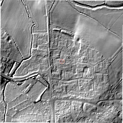 Shaded relief map of the ground around CV93AP, computed from Environment Agency LiDAR. The ground here sits at about 72 m above sea level and falls 14 m across the surrounding 800 m. Surface water reaching this point runs off ground lying to the south-west, 2.1 m higher.