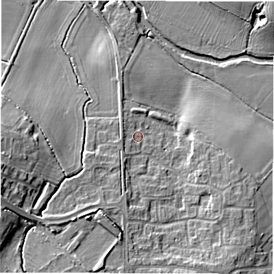 Shaded relief map of the ground around CV93AR, computed from Environment Agency LiDAR. The ground here sits at about 71 m above sea level and falls 14 m across the surrounding 800 m. Surface water reaching this point runs off ground lying to the south-west, 1.6 m higher.
