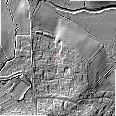 Shaded relief map of the ground around CV93AS, computed from Environment Agency LiDAR. The ground here sits at about 72 m above sea level and falls 13 m across the surrounding 800 m. Surface water reaching this point runs off ground lying to the south-east, 3.2 m higher.