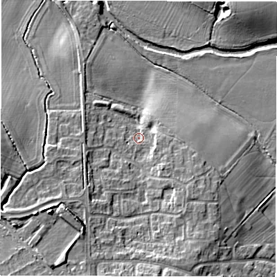 Shaded relief map of the ground around CV93AT, computed from Environment Agency LiDAR. The ground here sits at about 71 m above sea level and falls 12 m across the surrounding 800 m. Surface water reaching this point runs off ground lying to the south-west, 8.1 m higher.