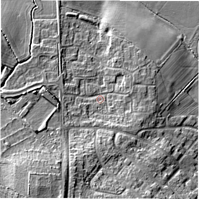 Shaded relief map of the ground around CV93AW, computed from Environment Agency LiDAR. The ground here sits at about 72 m above sea level and falls 15 m across the surrounding 800 m. Surface water reaching this point runs off ground lying to the south-west, 10.5 m higher.
