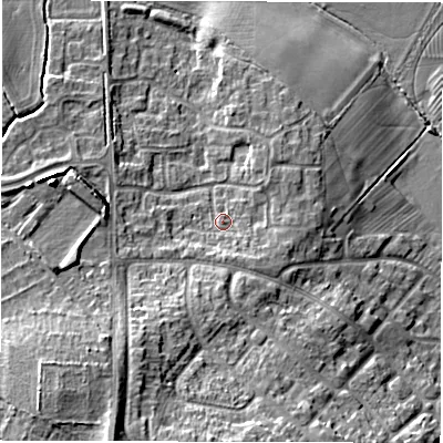Shaded relief map of the ground around CV93AX, computed from Environment Agency LiDAR. The ground here sits at about 73 m above sea level and falls 16 m across the surrounding 800 m. Surface water reaching this point runs off ground lying to the east-south-east, 2.7 m higher.