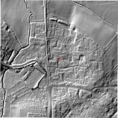 Shaded relief map of the ground around CV93AY, computed from Environment Agency LiDAR. The ground here sits at about 72 m above sea level and falls 15 m across the surrounding 800 m. Surface water reaching this point runs off ground lying to the south-south-west, 10.0 m higher.
