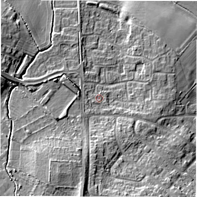 Shaded relief map of the ground around CV93AZ, computed from Environment Agency LiDAR. The ground here sits at about 73 m above sea level and falls 16 m across the surrounding 800 m. Surface water reaching this point runs off ground lying to the south-west, 2.5 m higher.