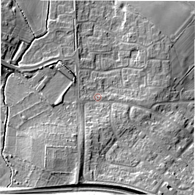 Shaded relief map of the ground around CV93BS, computed from Environment Agency LiDAR. The ground here sits at about 74 m above sea level and falls 20 m across the surrounding 800 m. Surface water reaching this point runs off ground lying to the south-south-west, 9.1 m higher.