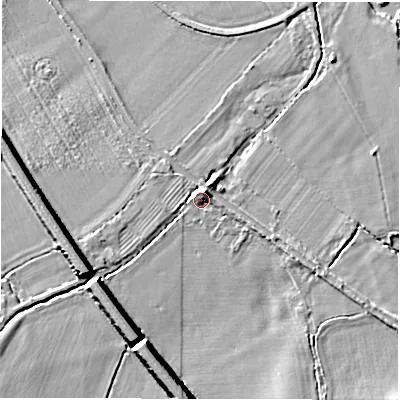 Shaded relief map of the ground around CV93DN, computed from Environment Agency LiDAR. The ground here sits at about 69 m above sea level and falls 12 m across the surrounding 800 m. Surface water reaching this point runs off ground lying to the south-west, 8.2 m higher.