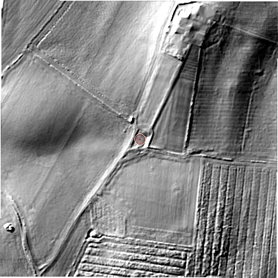 Shaded relief map of the ground around CV93DT, computed from Environment Agency LiDAR. The ground here sits at about 71 m above sea level and falls 12 m across the surrounding 800 m. Surface water reaching this point runs off ground lying to the north-east, 1.4 m higher.