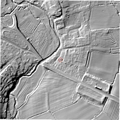 Shaded relief map of the ground around CV93LG, computed from Environment Agency LiDAR. The ground here sits at about 72 m above sea level and falls 11 m across the surrounding 800 m. Surface water reaching this point runs off ground lying to the south-east, 3.2 m higher.