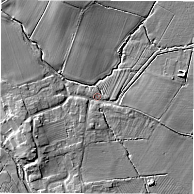 Shaded relief map of the ground around CV93LP, computed from Environment Agency LiDAR. The ground here sits at about 70 m above sea level and falls 7 m across the surrounding 800 m. Surface water reaching this point runs off ground lying to the east-north-east, 5.3 m higher.