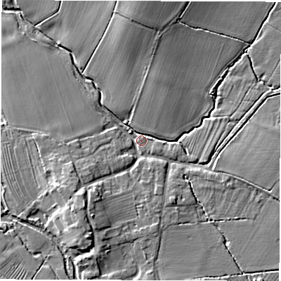 Shaded relief map of the ground around CV93LS, computed from Environment Agency LiDAR. The ground here sits at about 70 m above sea level and falls 7 m across the surrounding 800 m. Surface water reaching this point runs off ground lying to the south-west, 5.6 m higher.