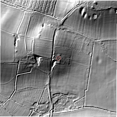 Shaded relief map of the ground around CV93NB, computed from Environment Agency LiDAR. The ground here sits at about 77 m above sea level and falls 19 m across the surrounding 800 m. Surface water reaching this point runs off ground lying to the west-north-west, 3.2 m higher.