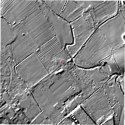 Shaded relief map of the ground around CV93NX, computed from Environment Agency LiDAR. The ground here sits at about 70 m above sea level and falls 11 m across the surrounding 800 m. Surface water reaching this point runs off ground lying to the south-south-west, 2.5 m higher.