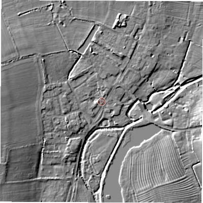Shaded relief map of the ground around CV93QR, computed from Environment Agency LiDAR. The ground here sits at about 74 m above sea level and falls 10 m across the surrounding 800 m. Surface water reaching this point runs off ground lying to the west-north-west, 7.5 m higher.