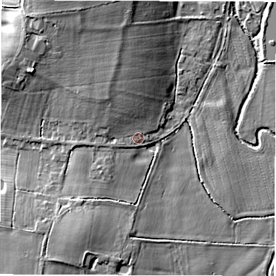 Shaded relief map of the ground around CV93QU, computed from Environment Agency LiDAR. The ground here sits at about 75 m above sea level and falls 12 m across the surrounding 800 m. Surface water reaching this point runs off ground lying to the north-north-west, 4.7 m higher.