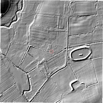 Shaded relief map of the ground around CV93QW, computed from Environment Agency LiDAR. The ground here sits at about 69 m above sea level and falls 9 m across the surrounding 800 m. Surface water reaching this point runs off ground lying to the south, 0.7 m higher.