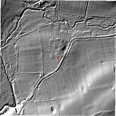 Shaded relief map of the ground around CV93RF, computed from Environment Agency LiDAR. The ground here sits at about 78 m above sea level and falls 16 m across the surrounding 800 m. Surface water reaching this point runs off ground lying to the east-north-east, 0.9 m higher.
