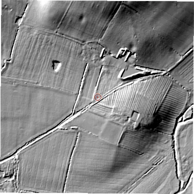 Shaded relief map of the ground around CV93RG, computed from Environment Agency LiDAR. The ground here sits at about 82 m above sea level and falls 24 m across the surrounding 800 m. Surface water reaching this point runs off ground lying to the north, 17.0 m higher.
