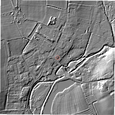 Shaded relief map of the ground around CV93RJ, computed from Environment Agency LiDAR. The ground here sits at about 75 m above sea level and falls 10 m across the surrounding 800 m. Surface water reaching this point runs off ground lying to the north, 1.1 m higher.